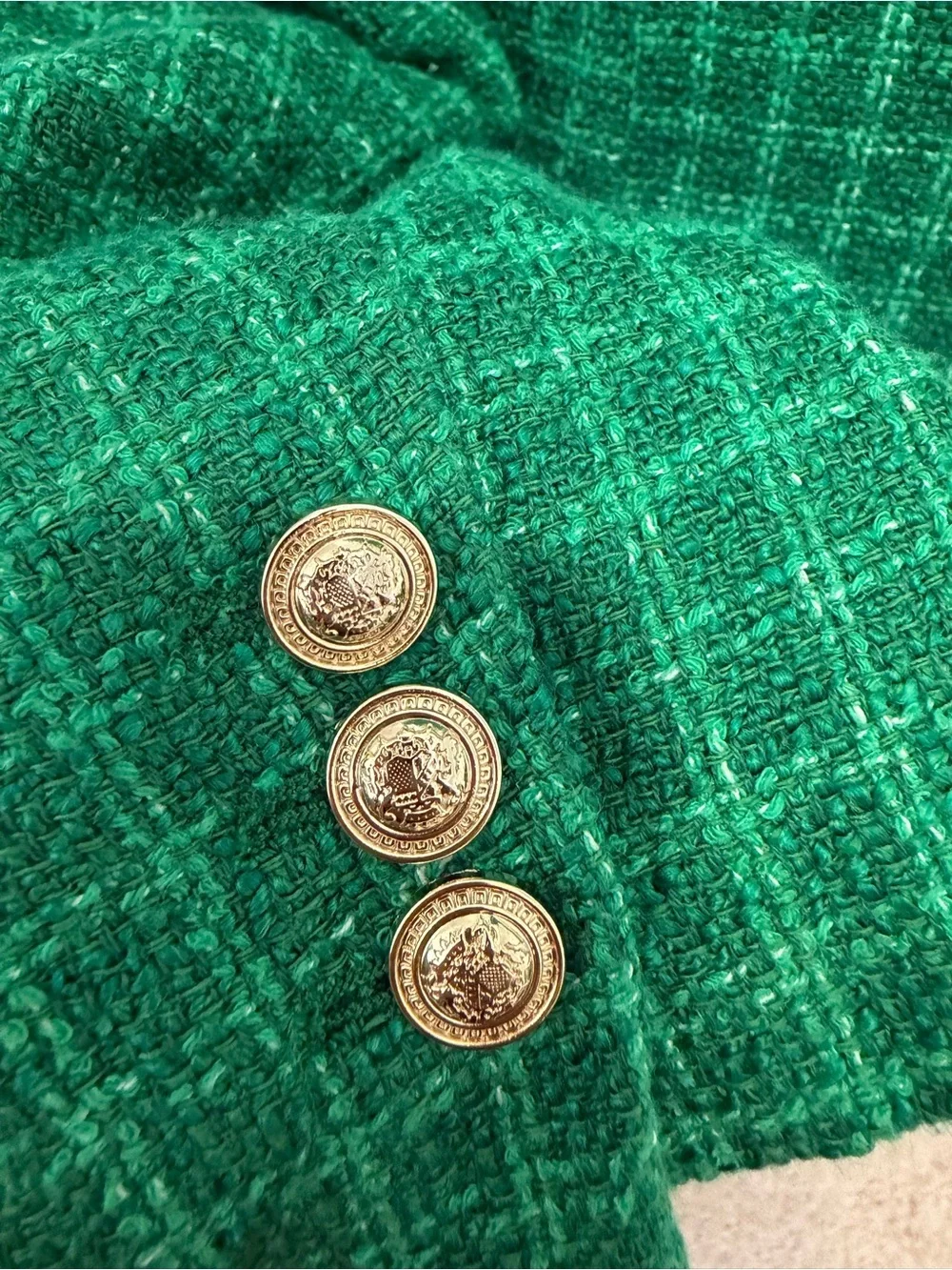 ZARA Emerald Green Tweed Blazer Gold Crest Buttons Structured Jacket Small